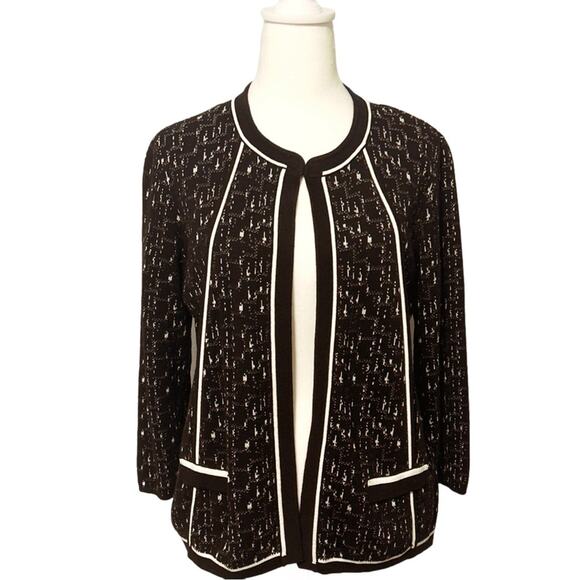 Jones Studio Sweater Cardigan Jacket Size Large Black & White Open Front w/Trim - Picture 1 of 6